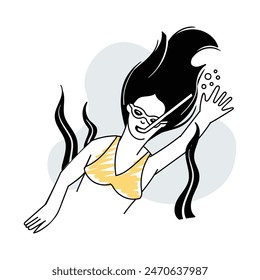 A girl in a yellow swimsuit is scuba diving. Summer editable vector in hand drawn style, doodle.