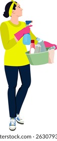 girl in yellow tidies and cleans without background