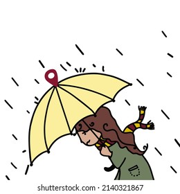 Girl with a yellow umbrella. Rainy weather. Navigator icon. The girl is walking in the rain. Cartoon style. Vector illustration isolated on white background.