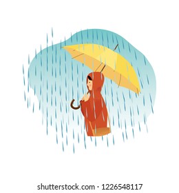 Girl with yellow umbrella under the rain. Vector illustration isolated in flat style. 