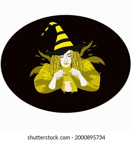 A girl with yellow wavy hair in a yellow blouse and a witch hat sits against the background of a dark portal and holds her hands above the frog. Isolated vector illustration in fantasy style.