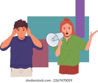 A girl yells at a deaf guy through a loudspeaker. Misunderstanding and discrimination of deaf people