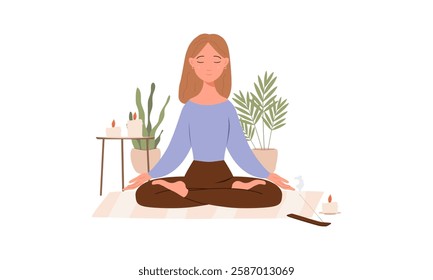 Girl in yoga lotus pose with crossed legs, practicing mindfulness. Woman meditating at home. Relaxing meditation. Vector illustration isolated on white background