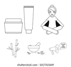 A girl in a yoga lotus pose, a jar of cream and a tube of ointment, a crush with a bowl and rose petals, bamboo with green leaves. Spa set collection icons in outline style vector symbol stock