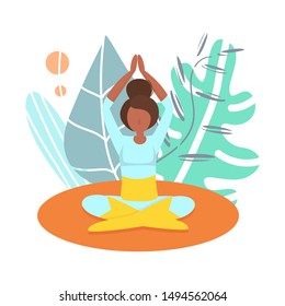 Girl in yoga lotus pose. Practicing yoga. Vector concept. Young and happy woman meditates.