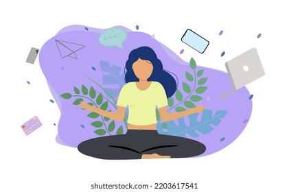 Girl in a Yoga lotus position and doing several actions at the same time.  Time management. Office Vector illustration concept of businesswoman practicing meditation. Multitasking.