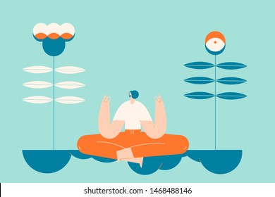 Girl in yoga lotus practices meditation. Vector illustration flat design. Use in Web Project and Applications.