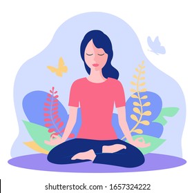 Girl in yoga lotus practices meditation on nature. Practice of yoga. Vector illustration. Young and happy woman meditating