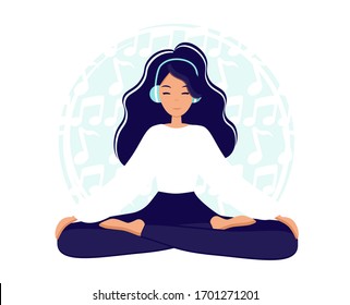 Girl in yoga lotus practices meditation and listens to music on headphones. Practice of yoga. Vector illustration in flat style. Young  woman meditating  