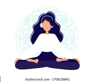 Girl In Yoga Lotus Practices Meditation And Listens To Music On Headphones. Practice Of Yoga. Vector Illustration In Flat Style. Young  Woman Meditating  