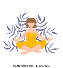 Girl in yoga lotus practices meditation. Vector illustration in flat style. Young woman meditating, Self care routine. Calm and meditation