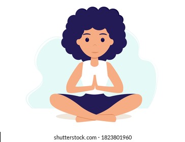 Girl in yoga lotus practices meditation. Vector illustration in flat style. Young woman meditating