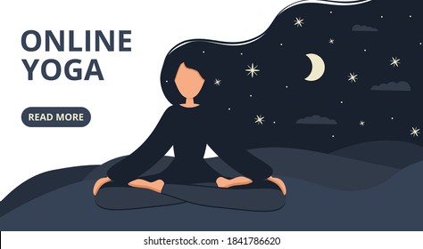 Girl in yoga lotus practices meditation at night outdoor. Nature background with moon. Landing page, card or banner template. Vector illustration in flat style. Young woman meditating