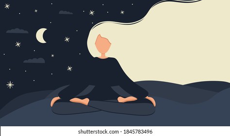 Girl in yoga lotus practices meditation at night outdoor. Nature background with moon. Landing page, card or banner template. Vector illustration in flat style. Young woman meditating