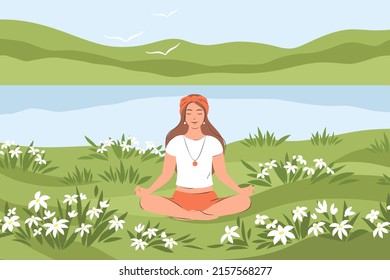 Girl in yoga lotus practices meditation on nature with flowering plants. Yoga practice. Vector illustration.