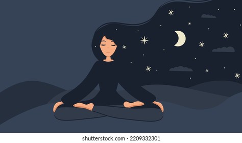 Niña en loto de yoga practica meditación en el exterior nocturno. Fondo natural con luna. Banner, tarjeta o plantilla de página de inicio. Ilustración vectorial en estilo plano. Mujer joven meditando