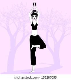 girl in a yoga on the background of flowering trees