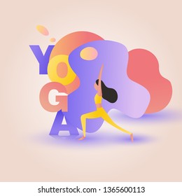 Girl in yoga pose asana in front of liquid shape with word yoga. Typographic poster, health concept, trendy illustration, motivation or template for web layout, leaflet, sport brochure. Vector. Eps 10