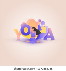 Girl in yoga pose asana in front of liquid shape with word yoga. Typographic poster, health concept, trendy illustration, motivation or template for web layout, leaflet, sport brochure. Vector. Eps 10