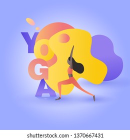 Girl in yoga pose asana in front of liquid shape with word yoga. Typographic poster, health concept, trendy illustration, motivation or template for web layout, leaflet, sport brochure. Vector. Eps 10