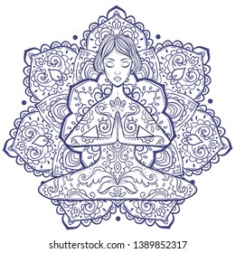  Girl in a yoga pose. Meditation. Vector illustration in ethnic, boho styles. For decorate the studio logo, things: Mat, lengsy, bottle, T-shirt. Bohemian Vibes