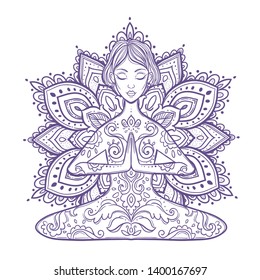  Girl in a yoga pose. Meditation. Vector illustration in ethnic, boho styles. For decorate the studio logo, things: Mat, lengsy, bottle, T-shirt. Bohemian Vibes