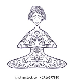  Girl in a yoga pose. Meditation. Vector illustration in ethnic, boho styles. For decorate the studio logo, things: Mat, lengsy, bottle, T-shirt. Bohemian Vibes