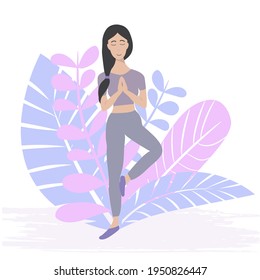 A girl in a yoga pose in nature. Exercise on a background of pink and blue branches