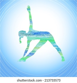 Girl in yoga pose on the abstract blue background. Vector yoga illustration. Woman makes exercises on an circle background. Silhouette of girl in yoga asana. Yoga as a healthy lifestyle.