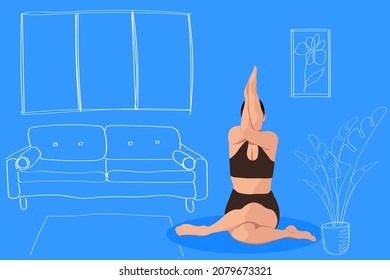 Girl in yoga pose on blue background with hand-drawn interior elements in doodle style