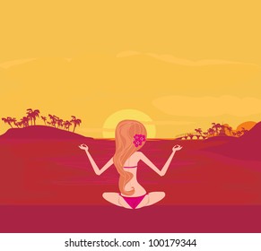 Girl in Yoga pose on Summer background with palm tree