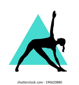 Girl in yoga pose on the triangle background. Vector yoga illustration. Woman makes exercises on an geometric background. Silhouette of girl in yoga asana.