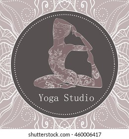 Girl in yoga pose. Ornate decorative style. Vector illustration.
