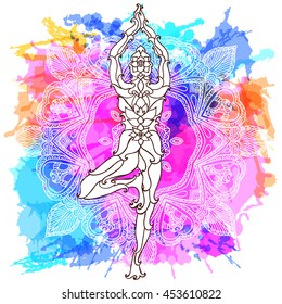 girl in yoga pose over ornate round mandala pattern. Yoga concept. Decorative design for cover, t-shirt, hippie poster, flyer. Astrology, sacred geometry. Psychedelic hypnotic colors.