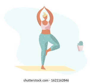 Girl in yoga pose. Standing on one Leg ,Aerobics Exercise, Woman Doing Yoga Exercises on Mats at Studio. Healthy lifestyle. Balance training. Colorful flat vector illustration
