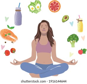 Girl in a yoga pose surrounded by diet food. Seik from red fish, eggs, avocado, lettuce, grapefruit, cherry tomatoes, fresh juice, cauliflower, raspberries