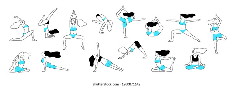Girl yoga poses. Aerobic stretch fitness exercise,  female body workout figure, healthy and flexibility vector line posture.