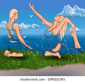 Girl in yoga position. Female yoga. Vector illustration of beautiful cartoon woman in various poses of yoga.