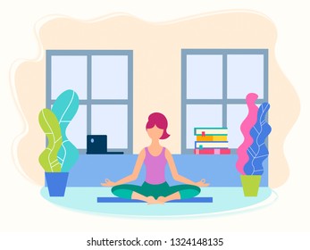 Girl in yoga position in her room among the home environment. Vector illustration.
