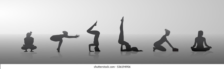 Girl Yoga Position Set Sport Fitness Woman Exercise Workout Silhouette In Moon Light Flat Vector Illustration