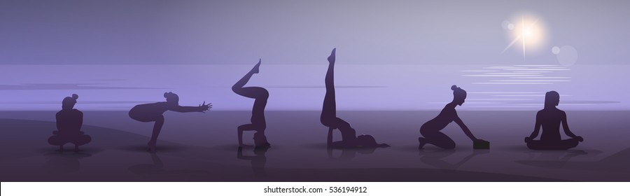 Girl Yoga Position Set Sport Fitness Woman Exercise Workout Silhouette In Moon Light Flat Vector Illustration