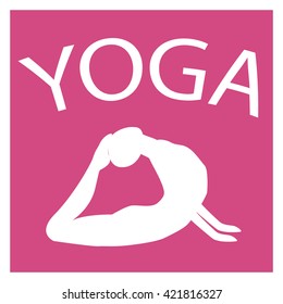 Girl in yoga position. White female silhouette on pink background. Vector woman shape icon. illustration of Yoga pose. Logo design. Yogi in asana. Design element for poster, studio, fitness center.