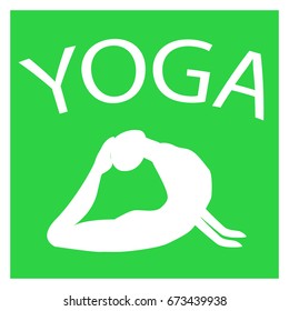 Girl in yoga position. White female silhouette on green background. Vector woman shape icon. illustration of Yoga pose. Logo design. Yogi in asana. Design element for poster, studio, fitness center.