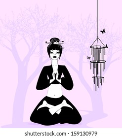 girl in a yoga-relax on the background of flowering trees