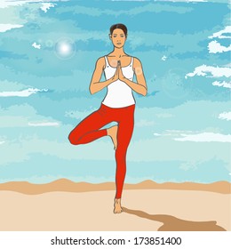 Girl in yoga's asana on the beach (Tree Pose (Vrikshasana))