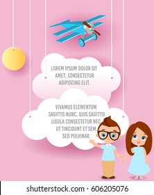 Girl and young boy with glasses. Vector Paper art of cloud and plane flying in the sky. Template advertising brochure with space for text. Origami concept Banner. Banner with funny cartoon kids.