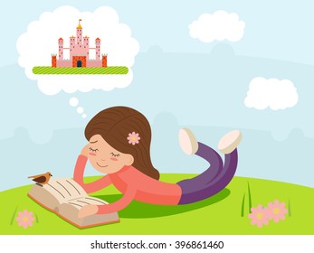 Girl young happy smiling reading book lying Nature Fantasy, Fairy Tale Characters Icon Symbol Stylish cartoon Design Concept Template Vector Illustration