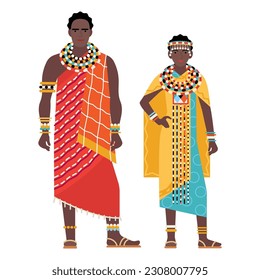 muchacha y joven con un traje folclórico africano aislado en un fondo blanco. un par de jóvenes vestidos con la ropa tradicional nacional de África. dibujo plano al estilo de las caricaturas. EPS vectorial 10.