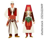 girl and young man in Albanian folk costume isolated on a white background. couple of young people in the national traditional clothes of Albania. flat drawing in cartoon style. stock vector EPS 10.