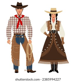 Mädchen und junger Mann in amerikanischem Cowboyvolkstüm einzeln auf weißem Hintergrund. ein paar junge Leute in nationalen traditionellen Kleidung des Wilden Westens, flache Illustration im Cartoon-Stil. EPS10